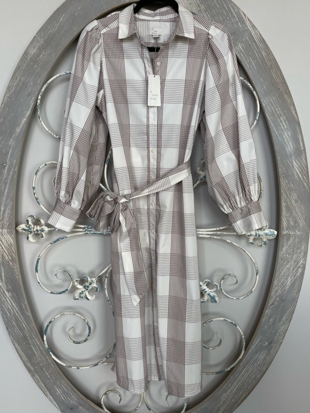 Button-Front Plaid Shirt Dress in Taupe and White